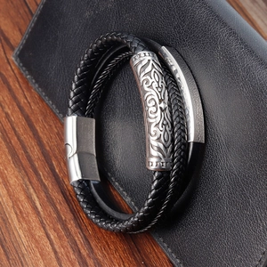 Men's multilayer black braided leather bracelet with vintage engraved silver metal tube
