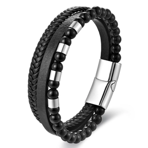 Men's multilayer black braided leather bracelet with silver metal beads and magnetic clasp