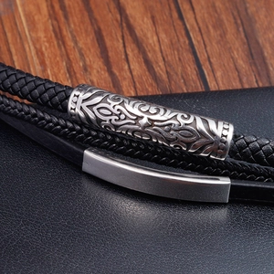 Men's multilayer black braided leather bracelet with vintage floral carved metal cylinder