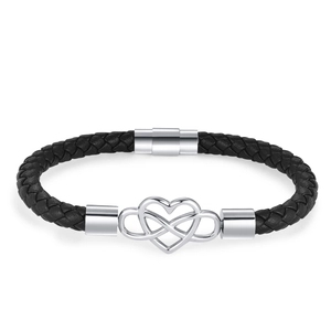 Black leather braided bracelet with silver heart infinity charm and magnetic clasp