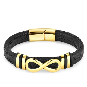 Bracciale da uomo in pelle nera intrecciata con simbolo infinito oro e chiusura magnetica