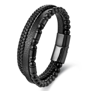 Men's Genuine Leather Bracelet 316L Stainless Steel Multi-layer Braided Wristband Stone Beads Magnetic Clasp Jewelry Gift