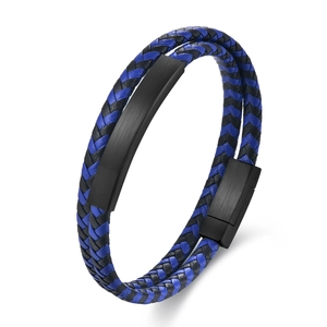 Men Genuine Leather Braided Bracelet Stainless Steel Magnetic Buckle Blue Black Double Layer Cowhide Bangle Punk Jewelry