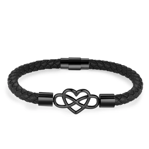 Men's double-layered black woven leather bracelet with infinity heart metal charm