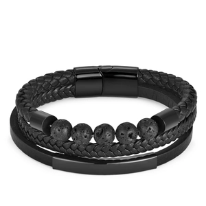 Bracelet multicouche en cuir noir pour homme avec pierres volcaniques et fermoir magnétique