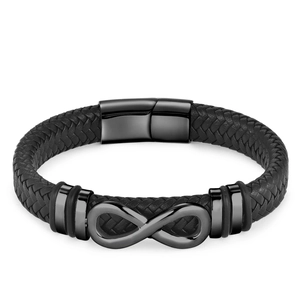 Bracciale da uomo in pelle intrecciata nera con simbolo infinito e chiusura magnetica nera