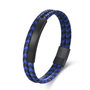 Men's double-layered blue and black braided leather bracelet with matte magnetic clasp