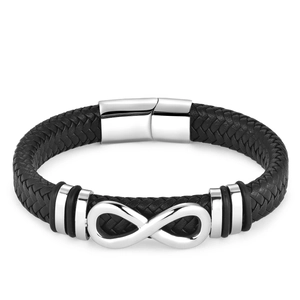 Bracciale da uomo in pelle nera intrecciata con simbolo dell'infinito in acciaio inox e chiusura magnetica