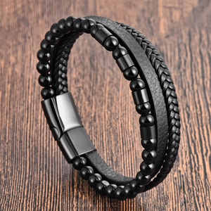 Men's multilayer black leather braided bracelet with beads and metallic magnetic clasp