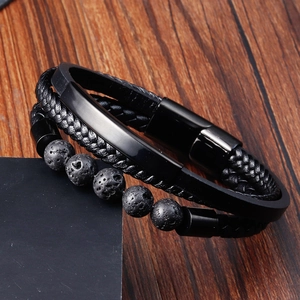 Bracelet Multicouche en Cuir de Vachette Tressé pour Hommes Avec Fermoir Magnétique en Acier Inoxydable 316L Pierre de Lave Noire