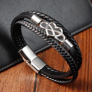 Men's double layer black leather braided bracelet with infinity heart silver magnetic clasp