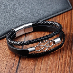 Men's double-layered black woven leather bracelet with silver infinity heart magnetic clasp