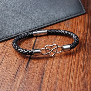 Men's double-layered braided black leather bracelet with infinity heart metal buckle