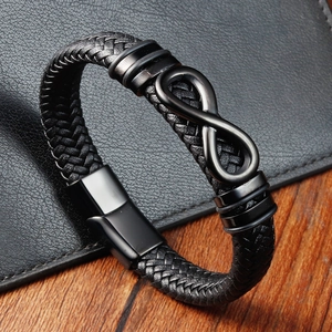 Bracciale da uomo in pelle nera intrecciata con simbolo infinito e chiusura magnetica