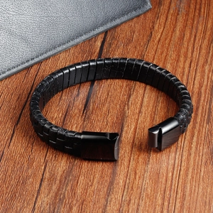 Men's double-layered braided black leather bracelet with magnetic stainless steel clasp