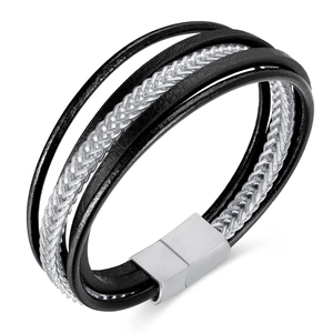 Men's double-layered black woven leather bracelet with brushed stainless steel magnetic clasp