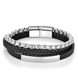 Heren meerlaagse gevlochten lederen armband met roestvrijstalen ketting en metalen graveerplaat