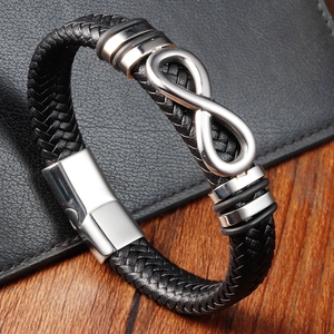 Bracciale da Uomo in Pelle Intrecciata Con Simbolo dell'Infinito in Acciaio Inossidabile 316L Chiusura Magnetica Gioielli Moda Punk