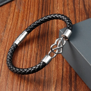 Men's double-layered black woven leather bracelet with silver interlocking hearts charm