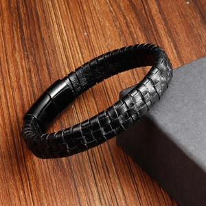 Men's double-layered braided black leather bracelet with magnetic stainless steel clasp