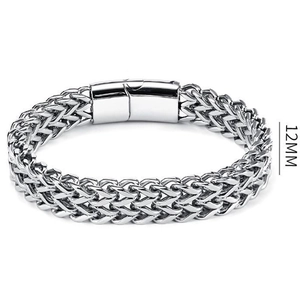 Men's 12mm stainless steel wheat link bracelet with polished rectangular clasp