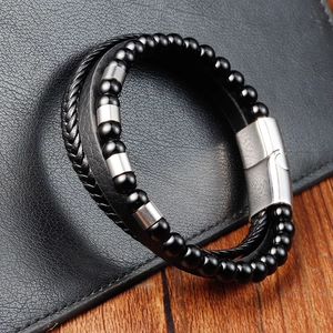 Men's multilayer black braided leather bracelet with natural stone beads and magnetic clasp