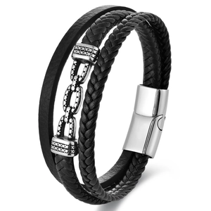 Zweilagiges schwarzes geflochtenes Lederarmband für Herren mit Edelstahl Magnetverschluss