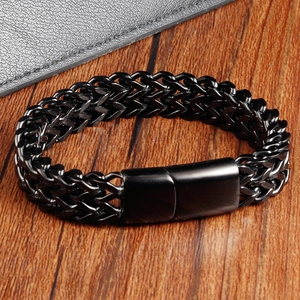Double-row black woven leather bracelet for men with matte finish stainless steel buckle