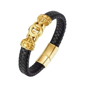 Men's double-layered braided black leather bracelet with interlocking gold metal charms