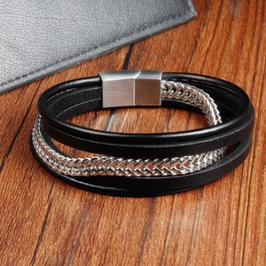 Men's double-layer black braided leather bracelet with stainless steel magnetic clasp