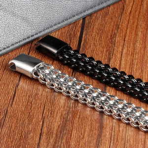 Men's double-layered braided black leather bracelet with silver stainless steel buckle