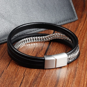Men's double-layer black leather woven bracelet with silver metal chain and magnetic clasp