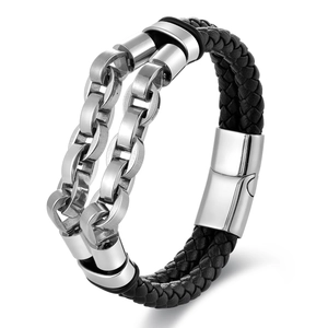 Men's double-layer black braided leather bracelet with silver stainless steel chain link