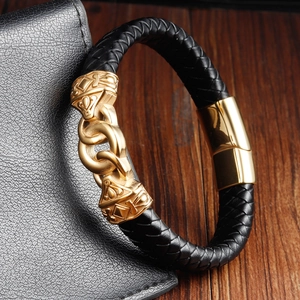 Men Vintage Braided Cowhide Leather Bracelet With 316L Stainless Steel Magnetic Clasp Nordic Carved Double Layer Bangle Jewelry
