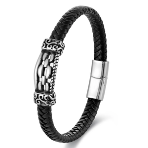 Mens double layered black woven leather bracelet with vintage steel ornament and magnetic clasp