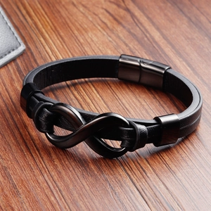 Men's double-layer braided black leather bracelet with black metal infinity symbol