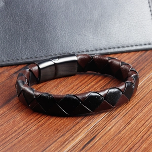 Men's double-layer black and brown braided leather bracelet with a magnetic steel clasp