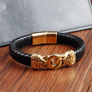 Men's double-layered black woven leather bracelet with vintage gold stainless steel clasp