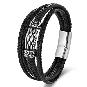Men's double-layered braided black leather bracelet with magnetic stainless steel clasp