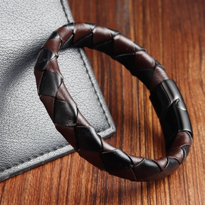 Men's double-layered braided genuine leather bracelet with black magnetic steel clasp