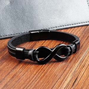Men Double Layer Genuine Cowhide Leather Bracelet 316L Stainless Steel Infinity Symbol Magnetic Clasp Black Woven Bracelet Hand Cuff Jewelry