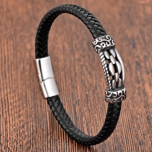 Men's double-layered black braided leather bracelet with vintage engraved metal accents