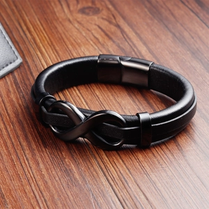 Men's black double-layer braided leather bracelet with black infinity symbol charm