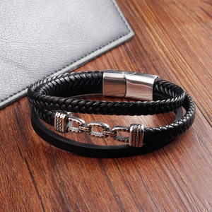 Zweilagiges geflochtenes Lederarmband für Herren mit Edelstahl-Magnetverschluss in Silber
