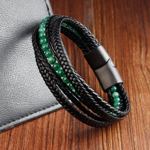 Men's double-layer braided black leather bracelet with green stone beads and magnetic clasp