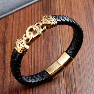 Men's double-layered black braided leather bracelet with golden steel magnetic clasp