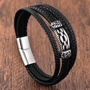 Men Braided Cowhide Leather Bracelet With Stainless Steel Magnetic Clasp Multi-Layer Vintage Fashion Jewelry Wristband