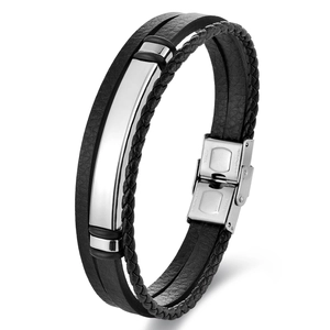 Men's double-layered black braided leather bracelet with polished stainless steel plate
