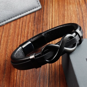 Men's double-layered black woven leather bracelet with matte black infinity symbol charm