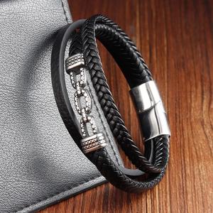 Doppellagiges schwarzes geflochtenes Lederarmband für Herren mit Vintage-Magnetverschluss